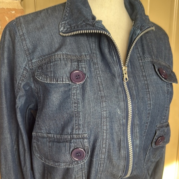 Voice NYC Chambray Denim Zip Jacket Multi Pockets Smocked Fit Waist Button Cuffs - Picture 10 of 16